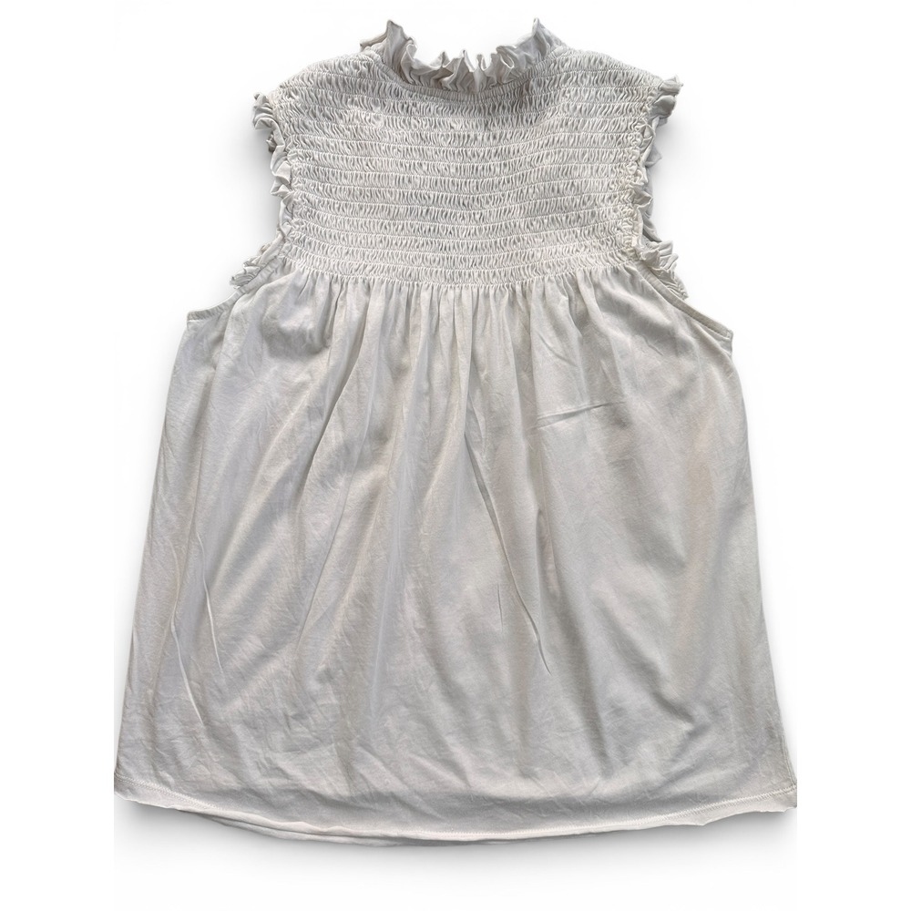 Sundance Women White Smocked Ruffle V-Neck Henley Sleeveless Cotton Top Size M - Picture 2 of 5
